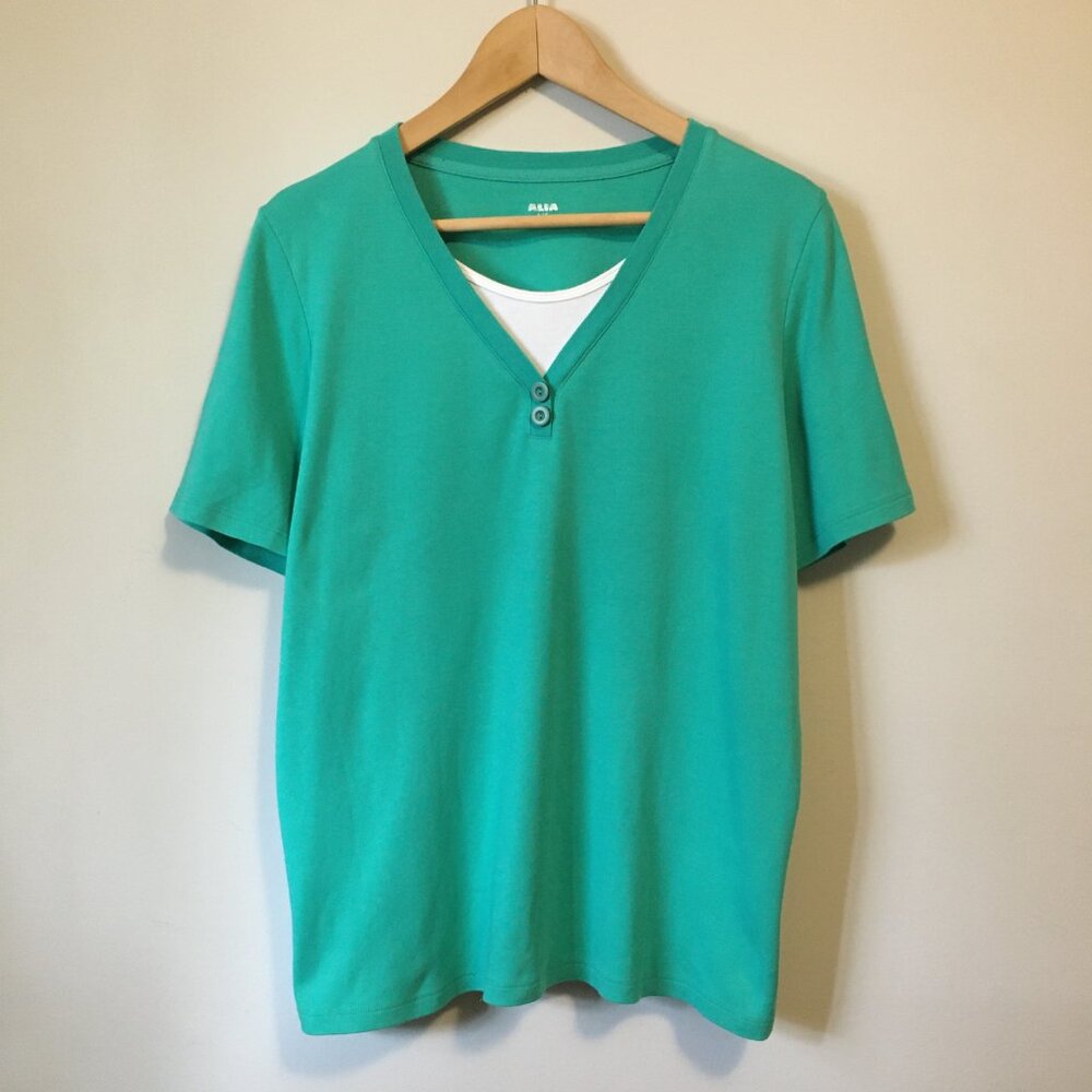 Alia Turquoise Cotton Sporty Bilayer Double Layer Short Sleeve Tee Large